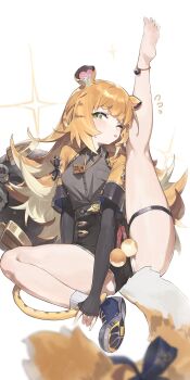 1girl absurdres animal_ear_fluff animal_ears anklet barefoot bell berserker_r black_gloves blonde_hair colored_inner_hair fingerless_gloves full_body gloves green_eyes high-waist_shorts highres jacket jewelry jingle_bell ju_fufu leg_up legs loli long_hair looking_at_viewer multicolored_hair one_eye_closed shoes short_shorts shorts simple_background single_shoe sneakers solo tail tiger_ears tiger_girl tiger_tail tongue tongue_out white_background yellow_jacket zenless_zone_zero