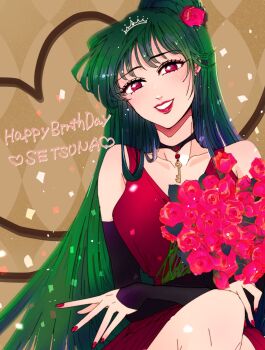 1girl bare_shoulders bishoujo_senshi_sailor_moon collarbone compression_sleeve dress earrings flower green_dress green_hair hair_bun happy_birthday highres jewelry kawa13923910 key key_necklace lips long_hair meiou_setsuna necklace pink_background raised_eyebrows red_dress red_eyes red_flower rose shiny_eyes single_hair_bun smile solo stud_earrings