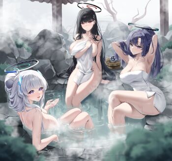 3girls arm_support armpits arms_behind_head arms_up avant_garde_(blue_archive) black_hair black_halo blue_archive blurry blurry_background blush breasts bucket cleavage closed_mouth commentary_request crossed_legs day feet_out_of_frame hair_between_eyes hair_ornament hairclip halo highres lancheu large_breasts long_hair looking_at_viewer mechanical_halo multiple_girls naked_towel noa_(blue_archive) onsen outdoors partially_submerged ponytail purple_eyes purple_hair red_eyes rio_(blue_archive) robot rock same-sex_bathing shared_bathing sitting sky smile soaking_feet solo_focus steam stone_floor thighs towel very_long_hair water water_drop wet white_hair wooden_bucket yuuka_(blue_archive)