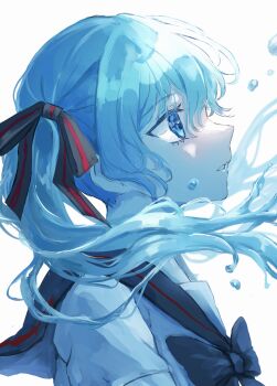 1girl absurdres air_bubble black_bow black_bowtie black_sailor_collar blue_eyes blue_hair bottle_miku bow bowtie bubble commentary from_side hair_between_eyes hair_bow hatsune_miku highres long_hair looking_ahead looking_up portrait profile red_bow saikisaika sailor_collar school_uniform shirt short_sleeves sidelighting sideways_mouth simple_background solo striped_bow twintails two-tone_bow vocaloid white_background white_shirt wind