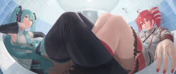 absurdres ahoge armpits bath bathtub black_skirt black_sleeves black_thighhighs blue_eyes blue_necktie bow buttons collared_shirt commentary_request detached_sleeves double-breasted double-parted_bangs drill_hair elbow_rest fingernails fisheye grey_jacket grey_skirt grin hair_between_eyes hair_bow hair_ribbon hand_rest hatsune_miku headphones highres in_water indoors jacket kasane_teto kasane_teto_(sv) kneehighs layered_skirt layered_sleeves long_hair long_sleeves looking_at_viewer midriff_peek musical_staff musical_staff_print necktie partially_submerged pleated_skirt red_eyes red_hair red_nails red_skirt red_socks red_trim ribbon shirt shoulder_boards skirt skirt_set sleeveless sleeveless_shirt smile socks striped_clothes striped_jacket striped_skirt synthesizer_v tadanotarosuke thighhighs tile_wall tiles twin_drills twintails utau very_long_hair vocaloid white_bow white_ribbon wing_collar