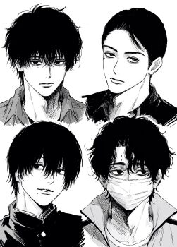 4boys buttons chainsaw_man closed_mouth collared_shirt cropped_shoulders gakuran greyscale haikyuu!! hair_between_eyes highres jacket kobayashi_keiji_(onna_no_sono_no_hoshi) looking_at_viewer looking_to_the_side male_focus mask mole mole_on_forehead mole_under_eye mole_under_mouth monochrome mouth_mask multiple_boys multiple_moles onna_no_sono_no_hoshi parted_bangs parted_lips sakamoto_days sakusa_kiyoomi school_uniform seba_natsuki shirt short_hair simple_background sso_s teeth unzipped white_background yoshida_hirofumi