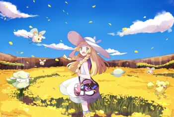 1girl :d ahoge arm_up bad_id bad_pixiv_id bag bare_shoulders bird black_eyes blonde_hair blue_sky blunt_bangs boots braid bright_pupils cliff cloud cosmog cottonee cutiefly day dress duffel_bag field floating flower flower_field flying from_side gen_5_pokemon gen_7_pokemon green_eyes hat highres in_bag in_container knee_boots legendary_pokemon lillie_(pokemon) long_hair looking_at_viewer looking_to_the_side mei_(maysroom) nintendo open_mouth orange_eyes oricorio outdoors petals pokemon pokemon_(creature) pokemon_sm see-through_clothes shoulder_bag sky sleeveless sleeveless_dress smile standing sun_hat tareme twin_braids white_dress white_footwear