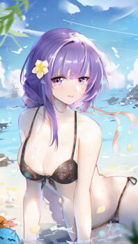 1girl absurdres alternate_costume artist_name ayan_(1593817922) bare_shoulders beach bikini black_bikini blue_sky blurry blurry_background braid breasts cleavage closed_mouth cloud cloudy_sky collarbone commentary depth_of_field flower genshin_impact hair_flower hair_ornament hair_ribbon head_tilt highres huge_breasts hydro_slime_(genshin_impact) leaning_forward leaning_to_the_side long_braid looking_at_viewer mole mole_under_eye ocean outdoors palm_tree pink_hair purple_eyes pyro_slime_(genshin_impact) rabbit raiden_shogun ribbon sand ship signature single_braid sitting sky slime_(genshin_impact) solo stomach swimsuit thick_thighs thighs tree upper_body water watercraft wet