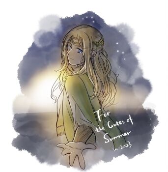 1boy 2023 androgynous blonde_hair blue_eyes circlet closed_mouth dated elf english_text glorfindel highres jewelry long_hair looking_at_viewer male_focus pointy_ears raido_orange solo the_silmarillion tolkien&#039;s_legendarium upper_body