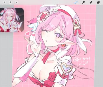 1girl 531441 ;) art_program_in_frame beret breasts cleavage commentary_request diamond-shaped_pupils diamond_(shape) dress earrings elf elysia_(hi_love_elf)_(honkai_impact) elysia_(honkai_impact) grid_background hat heart heart_earrings highres honkai_(series) honkai_impact_3rd jewelry large_breasts looking_at_viewer multicolored_hair one_eye_closed pink_background pink_hair pointy_ears purple_eyes red_dress reference_inset short_hair smile solo symbol-shaped_pupils twitter_username two-tone_hair upper_body white_hair