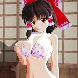 1girl 3d animated ass blush bouncing_breasts bra bra_pull breasts breasts_out brown_eyes brown_hair cleavage clothes_pull grabbing_own_breast hair_ribbon hakurei_reimu half-closed_eyes heart heart_print highres japanese_clothes large_breasts legs looking_at_viewer medium_hair mofumoko5 multiple_views navel nipples open_mouth panties ponytail presenting pulling_own_clothes ribbon seductive_gaze seductive_smile sideboob smile tagme thighs touhou turnaround underwear video