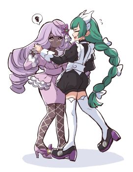 2girls apron black_romper blunt_bangs braid braided_ponytail closed_mouth commentary_request dancing dark-skinned_female dark_skin dress fascinator fishnet_pantyhose fishnets gloves green_hair highres holding_hands jacinthe_(pokemon) juliet_sleeves kino_haruc lebanne_(pokemon) long_braid long_hair long_sleeves low_drills maid maid_apron maid_headdress master_and_servant mega_stone multiple_girls nintendo open_mouth pantyhose pokemon pokemon_legends:_z-a puffy_sleeves purple_dress purple_eyes purple_hair romper shoes smile speech_bubble spoken_squiggle squiggle thighhighs very_dark_skin white_gloves white_thighhighs