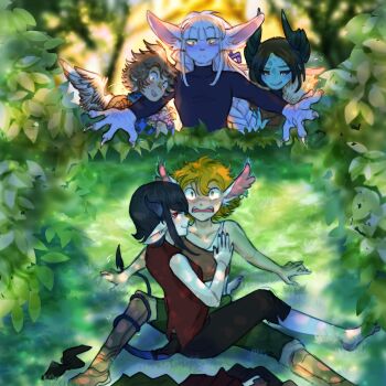 2boys 3girls absurdres animal_ears black_hair black_horns black_shirt celestia_ludenberg colored_sclera danganronpa:_trigger_happy_havoc danganronpa_(series) fingernails fujisaki_chihiro furry furry_female grass hair_ribbon hetero highres horns ikusaba_mukuro kirigiri_kyoko long_hair multiple_boys multiple_girls naegi_makoto orange_hair pointy_ears red_shirt ribbon satyr sharp_fingernails shirt short_hair smile twinklelitchii white_hair wings yellow_sclera