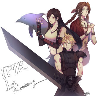 1boy 2girls absurdres aerith_gainsborough anniversary armor bare_shoulders black_gloves black_hair black_skirt blonde_hair blue_eyes bracelet braid braided_ponytail breasts brown_hair buster_sword cloud_strife commentary_request cowboy_shot crop_top dolphin dress elbow_gloves final_fantasy final_fantasy_vii final_fantasy_vii_remake fingerless_gloves gloves green_eyes hair_ribbon highres holding holding_sword holding_weapon jacket jewelry korean_commentary long_hair medium_breasts midriff multiple_girls navel pink_dress pink_ribbon ponytail praying red_eyes red_jacket ribbon roptooo shoulder_armor single_arm_guard skirt sleeveless sleeveless_turtleneck spiked_hair suspender_skirt suspenders sweater sword tank_top tifa_lockhart turtleneck turtleneck_sweater weapon white_background white_tank_top