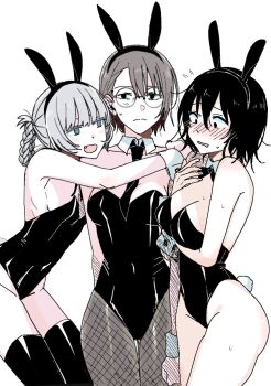 3girls @_@ animal_ears annoyed arm_around_shoulder arm_under_breasts asai_akira between_breasts black_eyes black_hair black_leotard black_necktie blue_eyes blush bow bowtie braid breasts brown_hair collar cuffs embarrassed everyone fake_animal_ears fang fishnet_pantyhose fishnets frown glasses groin hair_ornament hand_on_own_chest highres hug large_breasts latex latex_leotard latex_thighhighs leotard looking_at_viewer looking_down medium_breasts medium_hair messy_hair multiple_girls nanakusa_nazuna_(yofukashi_no_uta) necktie necktie_between_breasts open_mouth pantyhose pink_hair playboy_bunny rabbit_ears rabbit_tail round_eyewear short_hair side_braid sierit simple_background small_breasts smile sweatdrop tail thighhighs uguisu_anko vampire wavy_hair white_background white_wrist_cuffs wrist_cuffs yofukashi_no_uta
