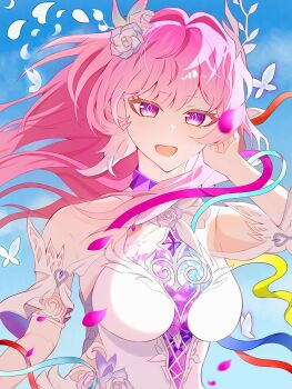 1girl bare_shoulders blue_sky breasts cyrene_(demiurge)_(honkai:_star_rail) cyrene_(honkai:_star_rail) diamond-shaped_pupils diamond_(shape) dress falling_petals flower hair_flower hair_intakes hair_ornament hashtag-only_commentary highres honkai:_star_rail honkai_(series) large_breasts long_hair looking_at_viewer multicolored_hair okashi444 open_mouth petals pink_hair pointy_ears purple_eyes sky smile solo symbol-shaped_pupils two-tone_hair very_long_hair white_dress white_hair