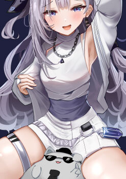 Rule 34 | 1girl, absurdres, arm up, armpits, bazo (vestia zeta), blue eyes, chain, chain necklace, commentary, english commentary, grey hair, highres, hololive, hololive indonesia, jacket, jewelry, long hair, long sleeves, looking at viewer, necklace, open clothes, open jacket, open mouth, rokusketch, shirt, skirt, sleeveless, sleeveless shirt, solo, sunglasses, thigh strap, thighs, vestia zeta, virtual youtuber, white jacket, white shirt, white skirt