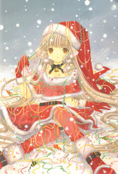 00s :o artbook bell belt boots brown_eyes capelet chii chobits choker christmas clamp confetti fur_trim gloves hat highres holly long_hair looking_at_viewer pom_pom_(clothes) red_boots red_gloves red_thighhighs ribbon robot_ears santa_boots santa_costume santa_hat scan snow snowing solo thighhighs very_long_hair yellow_eyes