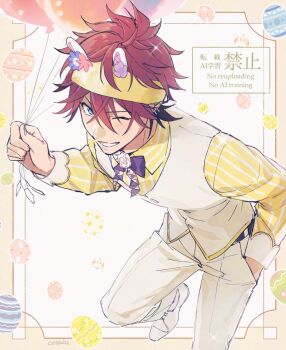 Rule 34 | 1boy, amagi rinne, artist name, balloon, blue eyes, border, bow, bowtie, brown border, buttons, collared shirt, crossed bangs, earrings, easter, easter egg, egg, ensemble stars!, grin, hair between eyes, hand in pocket, headband, holding, holding balloon, houndstooth, jewelry, leaning forward, leg up, long sleeves, looking at viewer, lunapont, male focus, one eye closed, outside border, pants, purple bow, purple bowtie, red hair, shirt, shoes, short hair, smile, solo, striped clothes, striped shirt, teeth, two-tone bow, two-tone bowtie, v-shaped eyebrows, vertical-striped clothes, vertical-striped shirt, vest, watermark, white background, white bow, white bowtie, white pants, white shoes, white vest, wing collar, yellow headband, yellow shirt