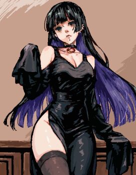 1girl black_choker black_hair black_thighhighs blue_eyes bocchi_the_rock! breasts brown_background choker cleavage clothing_cutout colored_inner_hair commentary_request contrapposto covered_navel ear_piercing empty_eyes face_piercing goth_fashion groin hime_cut indoors jun89190 labret_piercing large_breasts lips long_hair looking_past_viewer multicolored_hair multiple_piercings o-ring pa-san painterly partial_commentary piercing pixel_art purple_hair shiny_clothes shoulder_cutout sleeves_past_fingers sleeves_past_wrists solo thighhighs thighs