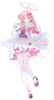 1girl :d absurdres angel_wings block_heels blue_archive blush bow capelet dress feathered_wings fur-trimmed_dress fur_scarf fur_trim grin hair_bun hair_ornament halo hand_up hashtag-only_commentary high_heels highres long_hair long_sleeves looking_at_viewer low_wings mika_(blue_archive) open_mouth pink_bow pink_hair pink_halo pink_ribbon pink_shoes rabbit_hair_ornament ribbon sha_(nz2) shoes single_side_bun smile solo thighhighs white_background white_dress white_thighhighs white_wings wings yellow_eyes