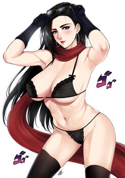 1girl armpits arms_up battle_tendency black_bra black_gloves black_hair black_panties black_thighhighs blue_eyes blush bra breasts cleavage earrings eyewear_on_head female_focus gloves hair_behind_ear highres hoop_earrings jewelry jojo_no_kimyou_na_bouken lace lace_bra lace_panties large_breasts light_smile lingerie lipstick lisa_lisa long_hair looking_at_viewer makeup mature_female menacing_(jojo) mature_female narrow_waist navel panties parted_lips red_lips red_scarf scarf skindentation solo sound_effects standing sunglasses sunglasses_on_head thighhighs underboob underwear underwear_only white_background xter