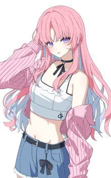 1girl absurdres bare_shoulders belt black_choker blue_hair blue_shorts choker colored_inner_hair commentary_request crop_top cropped_jacket fur_trim hand_up highres jacket korean_commentary long_hair long_sleeves looking_at_viewer midriff multicolored_hair navel off_shoulder open_clothes open_jacket original parted_bangs parted_lips pink_hair pink_jacket purple_eyes seero shirt short_shorts shorts simple_background sleeveless sleeveless_shirt solo stomach two-tone_hair white_background white_shirt