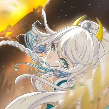 1girl blue_eyes braid chinese_commentary commentary_request earrings genshin_impact hair_ornament high_ponytail horns jewelry lantern long_hair paper_lantern ponytail solo white_hair zibai_(genshin_impact)