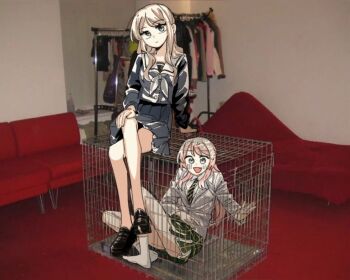 2girls bang_dream! bang_dream!_it's_mygo!!!!! black_shoes blue_eyes blue_shirt blue_skirt blush brown_hair cage chihaya_anon commentary_request fang green_necktie green_skirt grey_eyes grey_jacket in_cage jacket korean_commentary long_hair long_sleeves multiple_girls nagasaki_soyo necktie neonfloyd no_shoes open_mouth photo-referenced photo_background plaid_clothes plaid_skirt pleated_skirt school_uniform shirt shoes sidelocks sitting skin_fang skirt socks tsukinomori_school_uniform white_socks yuri