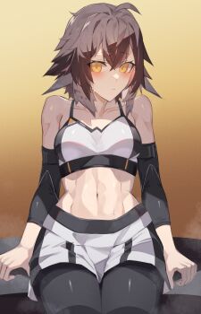 1girl abs absurdres ahoge arknights arm_warmers bench bird_girl black_arm_warmers black_bra black_leggings black_shorts black_sports_bra blush bra breasts brown_hair cleavage closed_mouth collarbone commission commissioner_upload compression_sleeve feather_hair hair_between_eyes highres leggings leggings_under_shorts looking_at_viewer medium_breasts medium_hair midriff multicolored_hair multicolored_sports_bra navel on_bench plume_(arknights) plume_(easy_time)_(arknights) sasa_onigiri shorts sidelocks simple_background sitting skeb_commission solo sports_bra sportswear sweat sweatdrop toned two-tone_hair two-tone_shorts two-tone_sports_bra underwear white_bra white_hair white_shorts white_sports_bra workout_clothes yellow_eyes