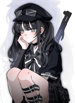 1girl belt black_belt black_choker black_hair black_hat black_ribbon choker closed_mouth commentary_request drop_shadow goggles goggles_on_headwear grey_eyes hand_on_own_cheek hand_on_own_face hat highres knees_up korean_commentary kurobe_nanoka long_hair looking_at_viewer mahou_shoujo_no_majo_saiban neck_ribbon nutella_1231 ribbon second-party_source solo squatting twintails weapon weapon_on_back