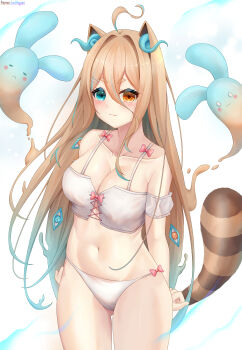 Rule 34 | 1girl, :3, absurdres, ahoge, animal ears, arms behind back, bare shoulders, bikini, blue eyes, blush, bow, breasts, brown eyes, brown hair, cleavage, closed mouth, collarbone, cowboy shot, crop top, detached sleeves, hair between eyes, hair ornament, hairclip, heterochromia, highres, large breasts, long hair, looking at viewer, lori hagami, medium breasts, multicolored hair, navel, orange eyes, original, raccoon ears, raccoon girl, raccoon tail, simple background, smile, solo, stomach, swimsuit, tail, thick eyebrows, very long hair, virtual youtuber, white background, white bikini