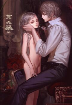 1boy 1girl absurdres age_difference alphonse_(white_datura) blonde_hair cleft_of_venus clothed_male_nude_female english_text flat_chest grey_hair groin hetero highres indoors loli long_hair looking_at_viewer navel nipples nude older_male_and_younger_female original pussy skinny small_areolae small_nipples source_request standing translated uncensored white_hair