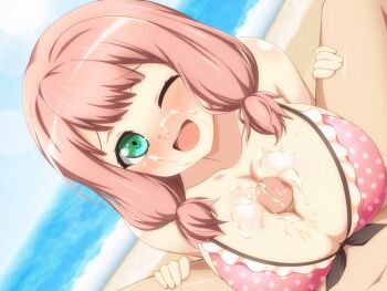 1boy 1girl bang_dream! beach bikini breasts censored collarbone cum cum_on_body cum_on_breasts cum_on_upper_body facial frilled_bikini frills front-tie_bikini_top front-tie_top green_eyes hetero large_breasts low_twintails medium_hair mosaic_censoring one_eye_closed open_mouth paizuri paizuri_under_clothes penis pink_bikini pink_hair polka_dot polka_dot_bikini pov pov_crotch shiny_skin swimsuit teeth twintails uehara_himari unmoving_pattern water wink yamiochi_umekichi