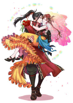 1boy 1girl absurdres agnea_bristarni black_hair braid braided_ponytail brown_hair carrying carrying_person closed_eyes commentary_request couple dancer flower frilled_skirt frills hair_flower hair_ornament hetero high_heels high_ponytail highres hikari_ku octopath_traveler octopath_traveler_ii orange_skirt ponytail red_flower red_rose rose skirt smile standing teeth togekawaaaaaa watermark white_background