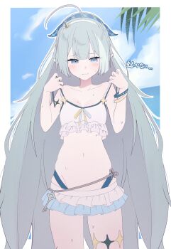 1girl absurdres ahoge bikini blue_eyes blue_sky blush bracelet breasts cloud frilled_bikini frills highres jewelry long_hair navel negimasandayo outdoors pointy_ears sky small_breasts solo stella_sora swimsuit tyrant_(stella_sora) very_long_hair white_bikini