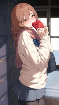 Rule 34 | 1girl, amagimei, bag, black pantyhose, blue bow, blue bowtie, blush, bow, bowtie, brown hair, brown scarf, commentary, gift, grey skirt, hair over one eye, hands up, highres, holding, holding gift, indoors, long hair, long sleeves, looking at viewer, original, pantyhose, polka dot, scarf, school bag, skirt, solo, standing