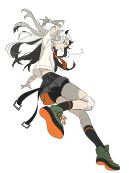 1girl arm_up back_peek bandaged_arm bandaged_knees bandages bandaid bandaid_on_leg black_hair black_shorts black_skirt black_socks borrowed_character cigarette closed_mouth commission dynamic_pose from_behind from_below full_body green_shoes grey_eyes high_tops knee_up long_hair looking_at_viewer looking_back multicolored_hair necktie niihatigounana orange_necktie original outstretched_arm second-party_source shirt shoe_soles shoes short_sleeves shorts shorts_under_skirt simple_background skirt smoking sneakers socks solo split-color_hair standing standing_on_one_leg transparent_background white_hair white_shirt