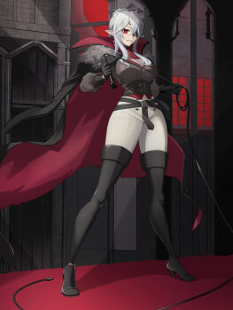 1girl belt black_coat boots breasts chiga_akira coat commentary english_commentary eyepatch fangs fur-trimmed_coat fur_trim general_geega general_geega_(inquisitor) grey_shirt hair_bun heterochromia high_heel_boots high_heels highres holding holding_whip indie_virtual_youtuber pants pointy_ears red_carpet red_coat shirt sidelocks thigh_boots underbust virtual_youtuber whip window