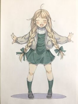 1girl ^_^ ahoge black_shoes bow braid child closed_eyes commentary dress full_body green_bow green_dress green_socks grey_jacket hair_bow hair_over_shoulder highres jacket long_hair open_clothes open_jacket open_mouth original peter_salt shirt shoes smile socks solo standing traditional_media twin_braids very_long_hair white_background white_shirt