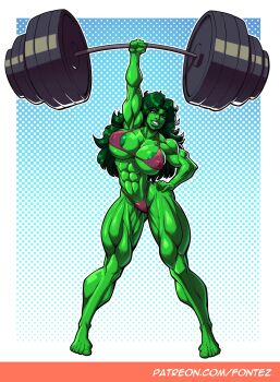 1girl abs absurdres arm_up artist_name barbell bikini breasts colored_skin exercising fontez full_moon green_eyes green_hair green_skin highres huge_breasts long_hair looking_at_viewer marvel moon muscular muscular_female patreon_username purple_bikini she-hulk solo swimsuit watermark web_address weightlifting