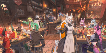 6+boys 6+girls animal_ears apple artist_name bar_(place) black-framed_eyewear black_gloves black_thighhighs blue_eyes boots braid breasts brown_boots brown_coat brown_eyes brown_gloves candle chandelier coat commentary_request cup dark-skinned_male dark_skin dragon_girl dragon_horns dragon_tail elbow_gloves fingerless_gloves flower_pot food fork fox_ears fox_girl fox_tail fruit furry furry_male glass glasses gloves green_eyes green_hair green_thighhighs grin hair_ornament hairclip hanging_light highres holding holding_cup holding_tray horns index_finger_raised indoors knife long_hair long_sleeves looking_at_another low_twintails maid medium_breasts multiple_boys multiple_girls nagi_itsuki open_mouth original pink_hair pixiv_fantasia pixiv_fantasia_scepter_of_zeraldia plant plate potted_plant rectangular_eyewear red_eyes red_hair scenery semi-rimless_eyewear sheath sheathed short_hair short_sleeves single_braid sitting smile stairs standing stool sword tail teeth thighhighs tray twintails under-rim_eyewear upper_teeth_only wanted_poster weapon window wolf_boy