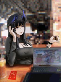 1girl black_dress black_hair black_nails blue_eyes blunt_bangs blurry blurry_background bored breasts cleavage cleavage_cutout closed_mouth clothing_cutout commentary computer dress english_commentary fingernails highres horns laptop large_breasts long_hair long_sleeves mole mole_under_eye nail_polish nina_(nishizuu) nishizuu original solo