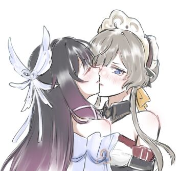 Rule 34 | 2girls, bare shoulders, black hair, blue dress, blue eyes, closed eyes, closed mouth, columbina (genshin impact), commentary, detached collar, dress, genshin impact, grey hair, highres, kiss, multiple girls, nonoberry22, purple streaks, sandrone (genshin impact), simple background, white background, white headdress, yuri