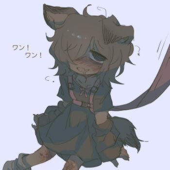 @_@ animal_ears black_shirt blush bow brown_hair chest_harness deliriumcenter dog_ears dog_girl dog_tail fang feet_out_of_frame flea_(animal) from_above gift_art hair_over_one_eye harness highres leash long_shirt loose_socks mole mole_under_eye my_name_is_your_choice original raised_inner_eyebrows saliva scar_on_knee second-party_source shirt short_hair short_sleeves sitting skin_fang socks tail white_socks