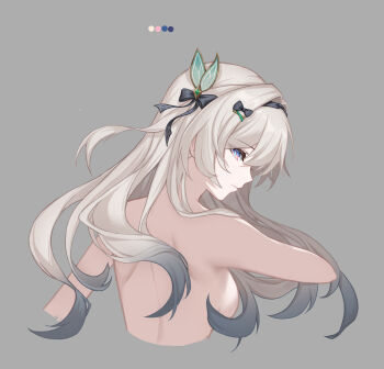 1girl absurdres black_bow black_hairband bow breasts changgeng_changgeng! chinese_commentary commentary_request firefly_(honkai:_star_rail) grey_background grey_hair hair_bow hair_intakes hair_ornament hairband hairclip highres holding honkai:_star_rail honkai_(series) long_hair looking_at_viewer nude purple_eyes simple_background small_breasts solo upper_body