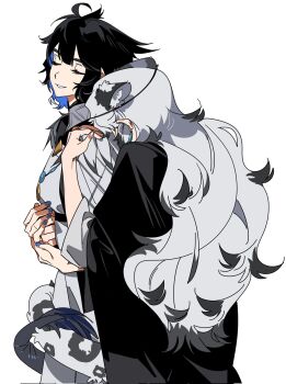 Rule 34 | 2girls, animal ear fluff, animal ears, arknights, black cape, black hair, blue hair, blue nails, cape, closed eyes, colored inner hair, colored tips, commentary, corrupted twitter file, dress, grey dress, grey hair, hand on another's hand, head on another's shoulder, highres, hug, hug from behind, jewelry, kjera (arknights), light smile, molu stranger, multicolored hair, multiple girls, nail polish, necklace, pramanix (arknights), short hair, simple background, symbol-only commentary, tail, white background, yuri