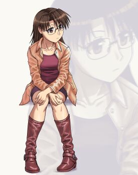 Rule 34 | 1girl, absurdres, azumanga daiou, black skirt, boots, breasts, brown boots, brown eyes, brown hair, buttons, glasses, highres, invisible chair, jacket, light frown, loberbutcher, long hair, mizuhara koyomi, orange jacket, red shirt, shirt, sitting, skirt, white background, zoom layer
