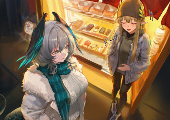 2girls absurdres alternate_costume aqua_eyes arknights beanie black_gloves black_hat black_pantyhose blue_scarf brown_hair closed_eyes coat commentary commentary_request english_commentary feathered_wings gloves grey_hair hair_between_eyes hand_on_own_stomach hat head_wings highres ho&#039;olheyak_(arknights) hood hoodie jacket long_hair long_sleeves medium_hair mixed-language_commentary mole mole_under_eye muelsyse_(arknights) multiple_girls open_clothes open_coat open_jacket pantyhose partial_commentary pointy_ears revision scarf slit_pupils speech_bubble sweater tail textless_version uof white_coat white_jacket white_sweater wings winter_clothes
