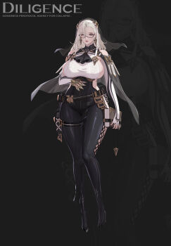 1girl absurdres belt black_belt black_boots black_pants book boots breasts cable_knit character_name chinese_commentary commentary_request earrings fingerless_gloves full_body glasses gloves hair_between_eyes highres holding holding_book huge_breasts hui_z_jie jewelry lips looking_at_viewer mature_female mechanical_hands original pants parted_lips purple_eyes rectangular_eyewear semi-rimless_eyewear sideboob single_mechanical_hand solo two-tone_gloves veil white_gloves