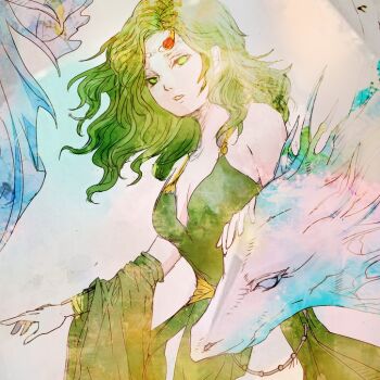 1girl bare_shoulders breasts circlet cleavage commentary_request detached_sleeves dragon dress final_fantasy final_fantasy_iv green_dress green_eyes green_hair green_sleeves long_hair medium_breasts mist_dragon open_mouth ruka_(blueplus84) rydia_(adult)_(ff4) rydia_(ff4) wide_sleeves