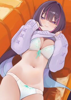 1girl azki_(hololive) black_hair bra breasts cleavage closed_mouth clothes_lift colored_inner_hair couch hair_intakes highres hololive large_breasts long_hair long_sleeves looking_at_viewer low_twintails lying mole mole_under_eye multicolored_hair navel nearly_naked_sweater no_pants on_back on_couch panties pink_hair pink_streaks purple_eyes rifufu sleeves_past_wrists smile solo stomach streaked_hair sweater sweater_lift twintails underwear very_long_hair virtual_youtuber white_bra white_panties white_streaks