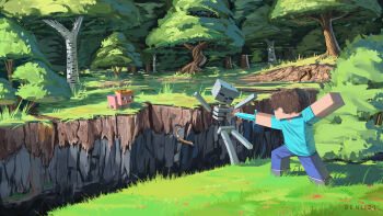 Rule 34 | 2others, absurdres, aqua shirt, battle, benii21, birch tree, blue pants, bow, brown hair, commentary, crown, falling, full body, highres, minecraft, multiple others, pants, pig (minecraft), plant roots, ravine, shirt, short hair, short sleeves, skeleton, skeleton (minecraft), stab, steve (minecraft), tree