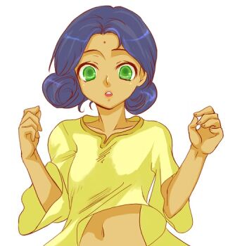 1girl bindi blue_hair chmm2 clothes_lift dark-skinned_female dark_skin dress dress_lift facial_mark female_focus forehead_mark green_eyes gundam indian lalah_sune mobile_suit_gundam navel simple_background solo